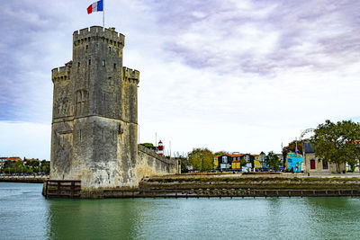 Scenic view of river by building against sky