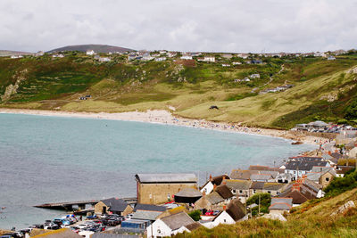 High angle view of beach against cloudy sky