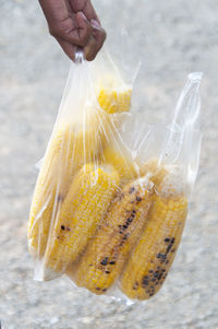 Cropped hand holding corns in plastic bag