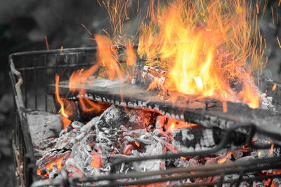 Close-up of bonfire on barbecue grill