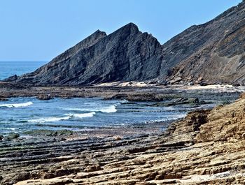 Scenic view of sea and mountains against clear blue sky