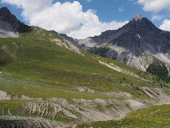 Scenic view of mountains against cloudy sky