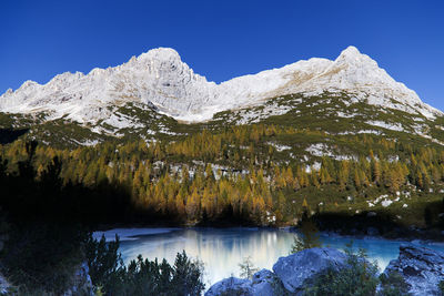 Scenic view of lake and snowcapped mountains against clear blue sky