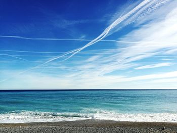 Scenic view of sea against blue sky