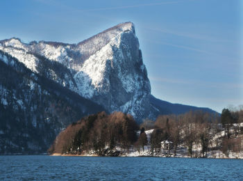 Scenic view of lake by snowcapped mountains against sky