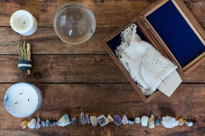 High angle view of cat on wooden table