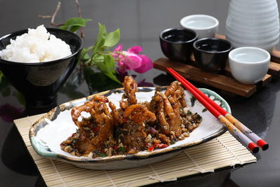 High angle view of food served on table