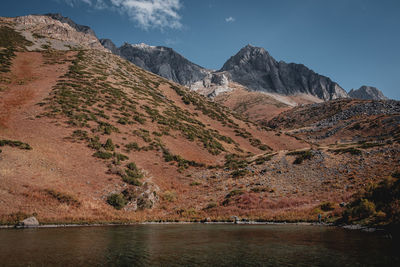 Scenic view of lake and mountains against sky