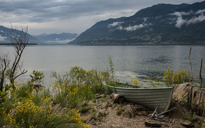 Scenic view of lake by mountains against sky