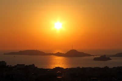 Scenic view of sea and mountains during sunset