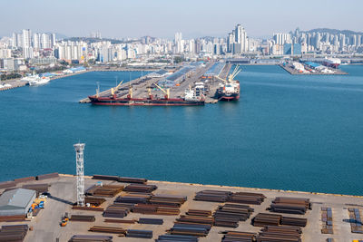 High angle view of city at waterfront