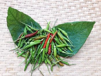 High angle view of chili peppers in basket