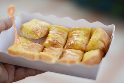 High angle view of bread in plate on table