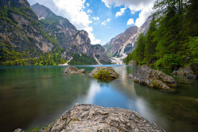 Scenic view of lake against mountains and sky