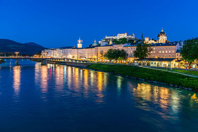 Illuminated buildings by river against blue sky in city