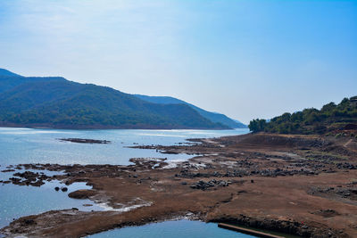 Scenic view of sea and mountains against clear blue sky