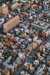 High angle view of modern buildings in city