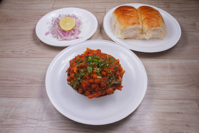 High angle view of breakfast served on table