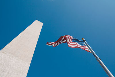 Low angle view of american flag by washington monument against clear sky