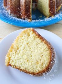 High angle view of cake in plate on table