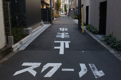 Text on road by building