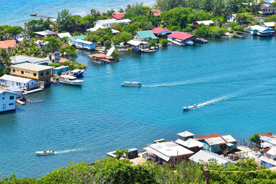 High angle view of boats moored in sea