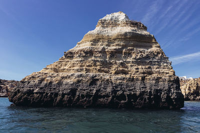 Rock formations in sea against clear blue sky