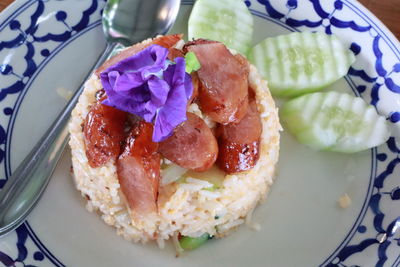 High angle view of breakfast served on table