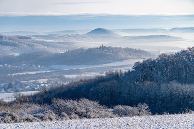 Scenic view of snow covered mountains against sky