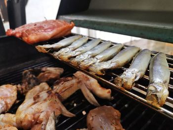 Close-up of meat on barbecue grill