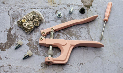 High angle view of work tools on table