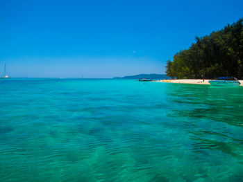 Scenic view of sea against clear blue sky