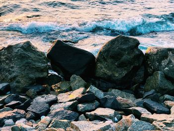 High angle view of rocks on beach