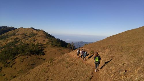 Rear view of hikers on mountain against clear sky