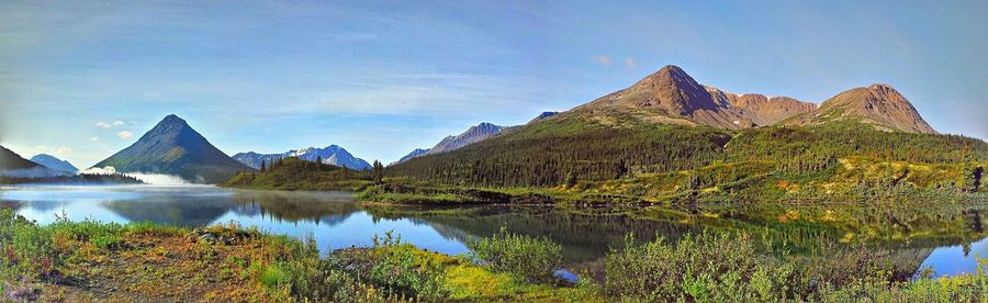 Scenic view of lake and mountains against sky