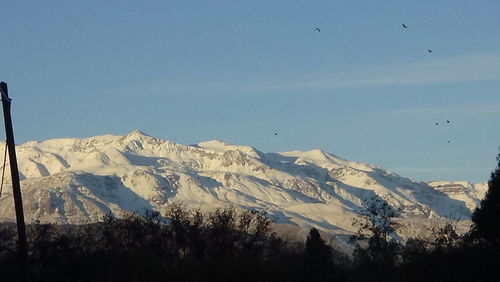 Scenic view of snowcapped mountains against clear blue sky