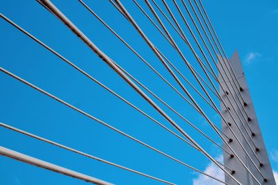 Low angle view of modern building against clear blue sky