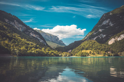 Scenic view of lake and mountains against sky