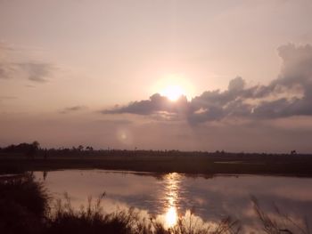 Scenic view of lake against sky during sunset