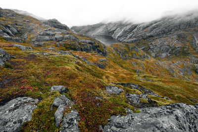 Scenic view of mountains against sky during autumn in lofoten norway