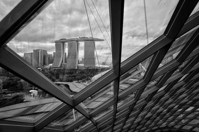 Modern buildings against sky seen through glass window