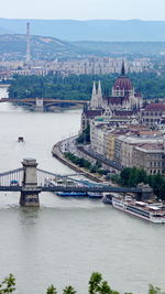 Bridge over river against buildings in city