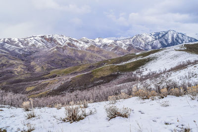 Scenic view of snowcapped mountains against sky