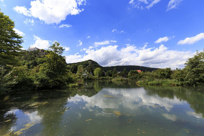 Scenic view of lake by trees against sky