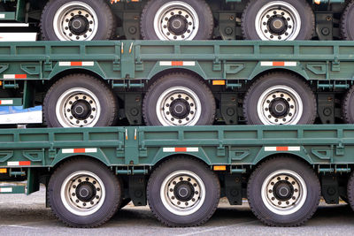 Wheeled platform trailers for trucks for transporting bulky cargo. copy space.