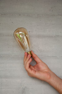 Cropped hand holding light bulb against wall