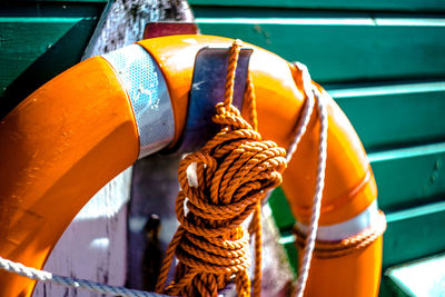 Close-up of rope tied on life belt