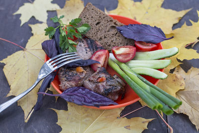 High angle view of vegetables on table