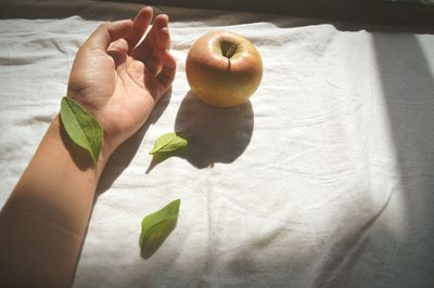 Close-up of hand beside an fruit
