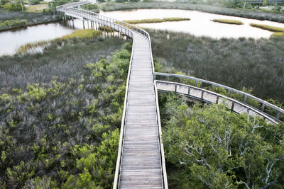 High angle view of footbridge over trees and plants